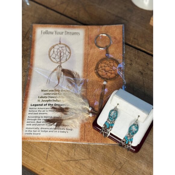 Turquoise Beaded Dreamcatcher Earrings & Feathered Keychain Set - Picture 2 of 7